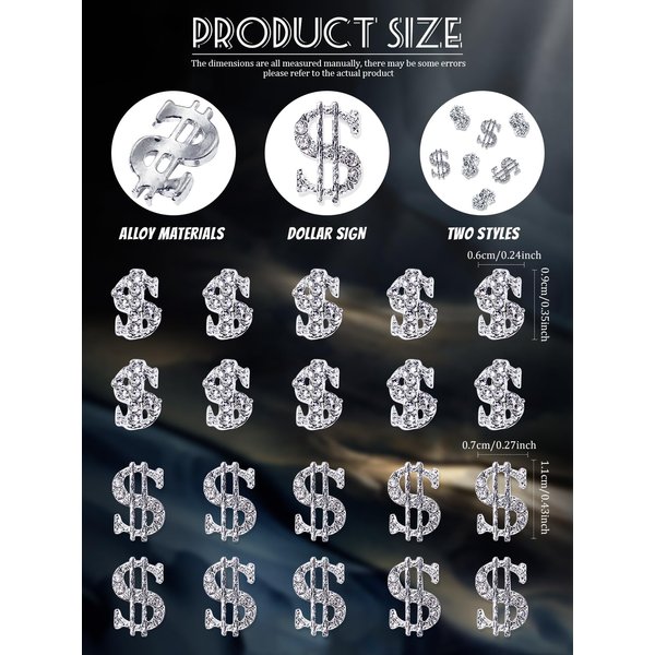 20Pcs Alloy Money Dollar Nail Charms, CYHYII 3D Silver Dollar Rhinestones Nail Art Charms Shiny Luxury Money Sign Design Crystal Nail Decorations for Women Girls Nail Art Design Craft Jewelry DIY