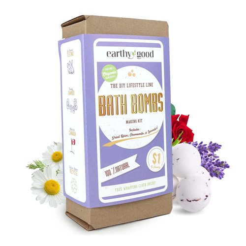 Earthy Good DIY Bath Bomb Kit With Organic Ingredients 100% Natural Includes: Essential Oils, Dried Rose, Chamomile & Lavender, Molds, Guide & More- Includes Furoshiki Cloth- Makes 10 Mini Bath Bombs
