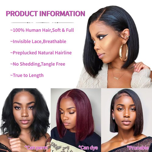 JONAWOON Bob Wig Human Hair Lace Front Wigs Human Hair Glueless Wigs Human Hair HD Transparent 13x4 Straight Lace Frontal Bob Wigs Pre Plucked Natural Hairline 180% Density 12 Inches