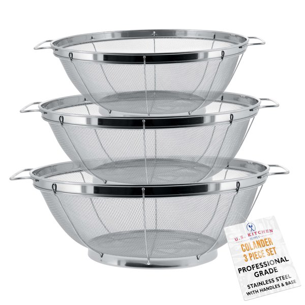 U.S. Kitchen Supply - 3 Piece Colander Set - Stainless Steel Mesh Strainer Net Baskets with Handles & Resting Base - 11" 5 Quart, 9.5" 4 Quart and 8.5" 3 Quart - Strain, Drain, Rinse, Steam or Cook