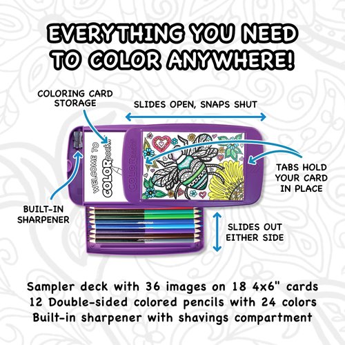 Colorpockit Coloring Kit Travel Art Set with Colored Pencils, 4x6 Coloring Cards, Built in Sharpener, Mess Free Trip Activities for Airplanes or Car, 8.5 x 5, 34 pieces