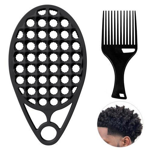 KOUPA Silicone Curly Hair Brush with Pick Comb, One Piece Twist Curl Comb for Afro Curls, Washable Hair Tool for Men Women, Black