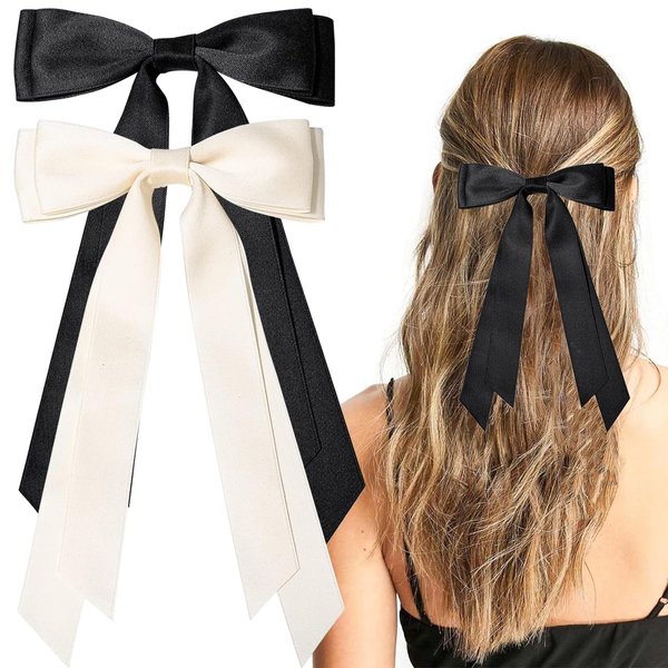 2PCS Silky Satin Hair Bows Hair Clips,Decorative Hair Clips Ribbon Accessories Ponytail Holder Slides Metal Clips French Barrette Hair Bow for Women Girls Toddlers Teens Kids (Beige & Black)