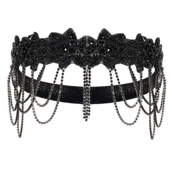 Ngdhkd 1PCS Great Flapper Gatsby Headband 1920s Hair Chain Accessory 20s Style Headpiece for Adult Women Vintage Theme Party Black