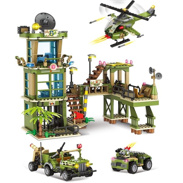Pxawck 830 Pcs City War Military Base Army Building Block Sets,Compatible with Lego Military Base Army Toy with Helicopter, Police Car,Vehicles, Gift for Kid Aged 6-12