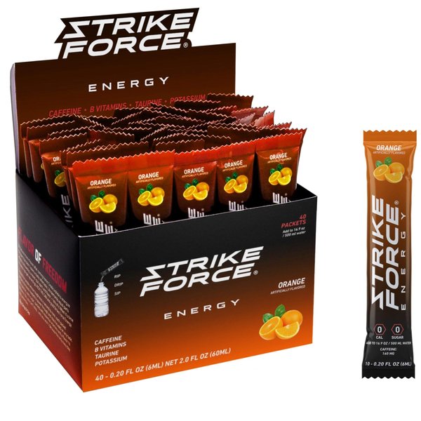 Strike Force Energy Drink Mix - Orange Flavor - Natural Tasting Caffeine Drink - Turn Any Drink into a Healthy Energy Drink - Zero Calories, Keto Friendly, Sugar Free, Pre Workout (40 Liquid Packs)