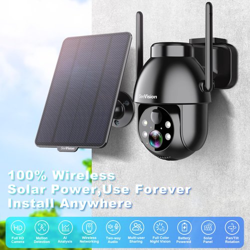 Solar Security Cameras Wireless Outdoor, 2K Battery Powered PTZ WiFi 3MP Indoor Security Camera for Home with Spotlight, PIR Motion Detection,Siren, Color Night Vision, 2-Way Talk, SD/Cloud Storage
