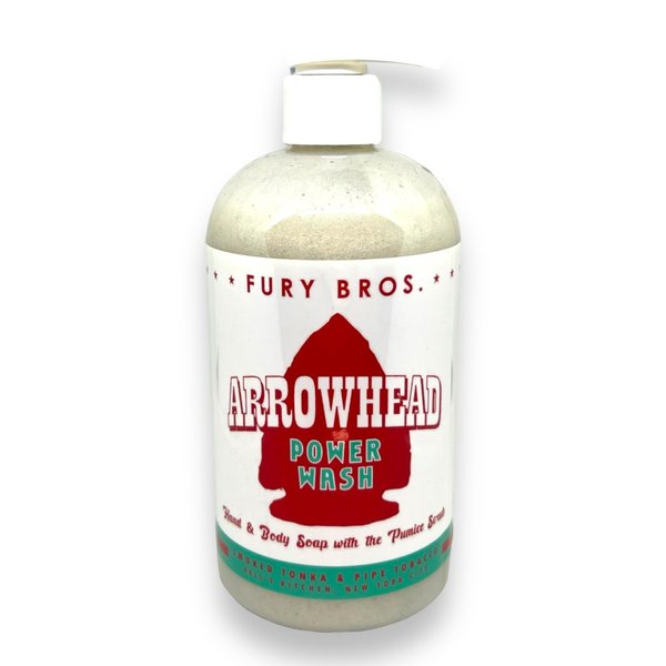 FURY BROS. Premium Power Wash | Arrowhead | Smoked Tonka & Pipe Tobacco | Hand & Body Wash | Exfoliating Pumice | Moisturizing Aloe Vera | Highly Scented | Made in USA | 16 oz | Dad Men Bath