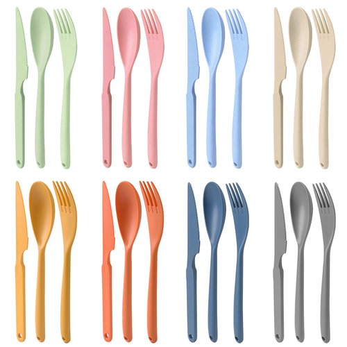 Knives Spoons and Forks Set, JINGIHE 8 Sets Large BPA Free Reusable Travel Utensils, Plastic Cutlery set Portable Lunch Tableware for Kids Adults Camping School Outdoor Picnic Office Daily Use(8in)