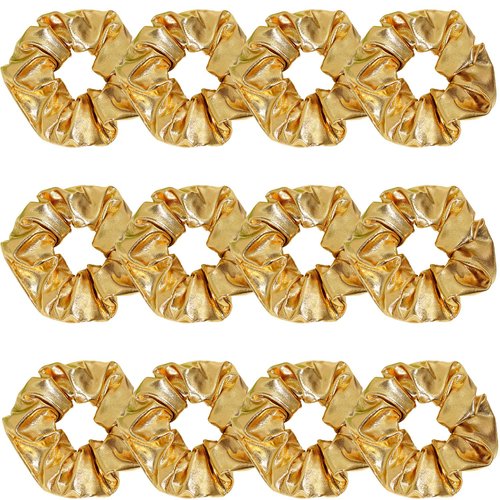 12 Pcs PU Leather Cheer Hair Scrunchies Gold Scrunchy School Performance Ponytail Holder Hair Accessories for Cheerleading Teen Girls College Sports (Gold)