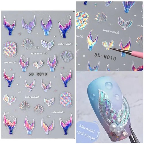 5D Summer Nail Art Stickers, 5D Embossed Holographic Mermaid Nail Decals Mermaid Jellyfish Starfish Ocean Nail Art Supplies Luxurious Summer Nail Design for Women Manicure Decoration(4 Sheets)