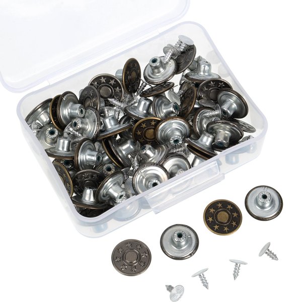 Hestya 40 Sets Jeans Buttons Metal Button Snap Buttons Replacement Kit with Rivets and Plastic Storage Box (Silver and Bronze)