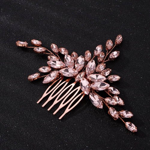 Teyglen Women Dainty Simple Full Rhinestones Red Blue Black Bride Wedding Hair Comb Luxurious Hair Accessories Shiny Rhinestones Bridal Side Hair Combs for Women Bride Girls (Rose gold-pink)