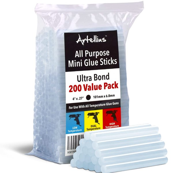 Artellius Mini Hot Glue Sticks (HUGE BULK PACK of 200) 4" and 0.27 Diameter - Compatible with Most Glue Guns