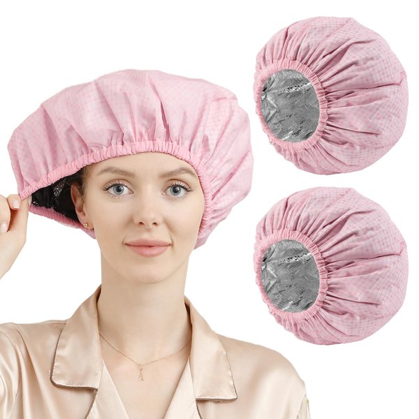 YIZIJIZI 2 Pieces Heat Cap For Deep Conditioning Made Of Aluminum Foil For Home And Salon Use, Hair Dyeing And Hot Oil Treatment Tools (pink)