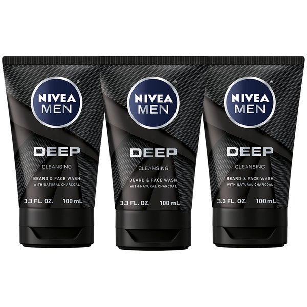 Nivea Men DEEP Cleansing Beard and Face Wash, Enriched with Natural Charcoal, 3 Pack of 3.3 Fl Oz Tubes