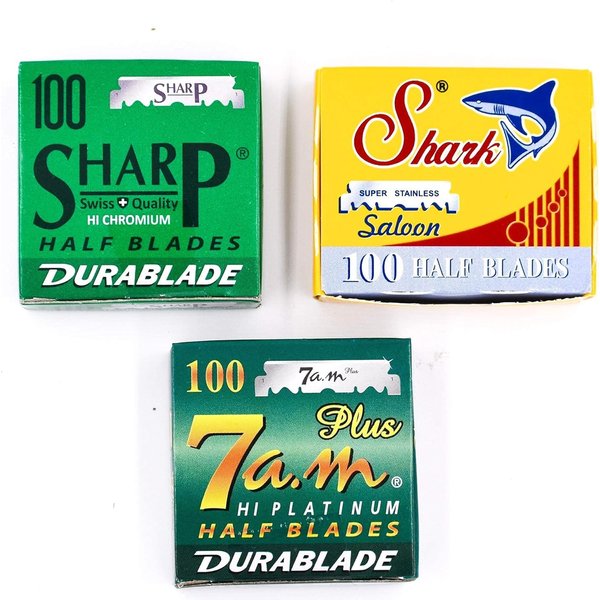 Straight Edge Barber Razor/Shavette Razor Blade Variety Pack - 300 Blades - 100 Each of Shark, Sharp & 7 a.m. Half Blades for Shavette and Professsional Replacable Blade Barber Razors