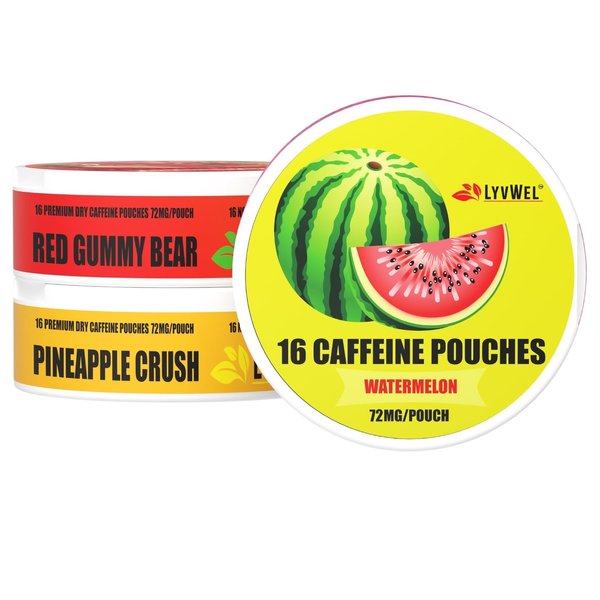 LYVWEL 72mg Caffeine Energy Pouches | Nootropic Focus & Neuro Support | Tobacco-Free, Nicotine-Free, Quick Energy Boost | 3-Pack Sampler with 16 Pouches Per Can (3 Pack, Watermelon, Red Gummy Bear, Pineapple Crush)