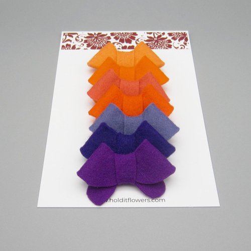 Set of 7 Purple & Orange Felt Bows Alligator Clip or French Barrette (Alligator Clip Right)