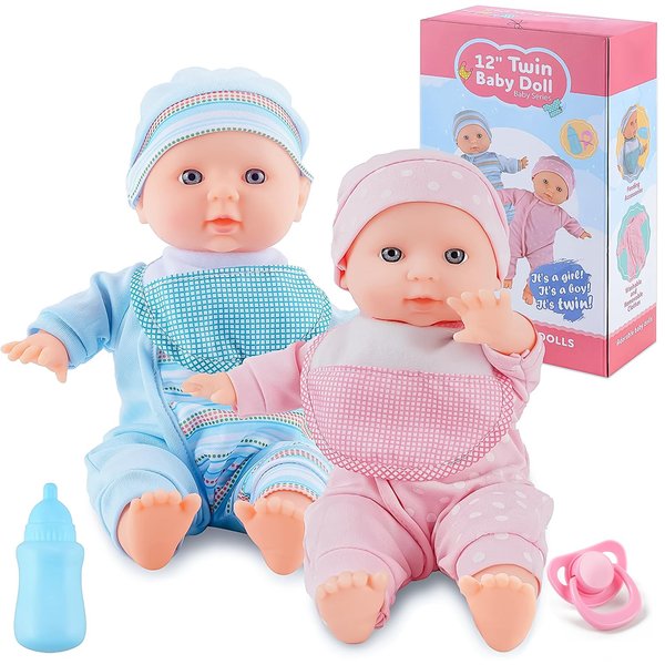 SMILESSKIDDO Twin Baby Dolls - 12 inch Two Soft Body Doll with Rompers, Hat and Pacifier, Doll Bibs, Dolls Play Set for 2 3 4 5 Year Old Boys and Girls Gift