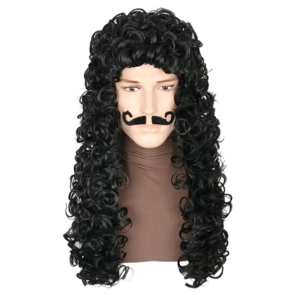Lucoacos Pirate Captain Wig Black Long Curly Pirate Wig and Moustache Halloween Cosplay Costume Wig