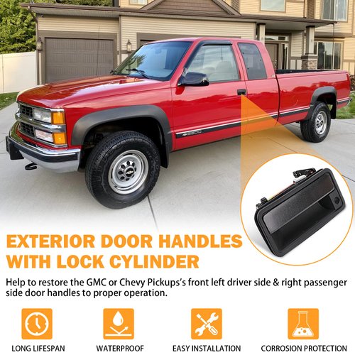 Exterior Door Handle w/ Lock Cylinder for Chevy C1500 C2500 C3500 HD K1500 K2500 K3500 GMC Yukon 1988-1994 Front Left & Right Chevrolet GMC Truck Door Handles with Locks Replace 15742229, 15742230