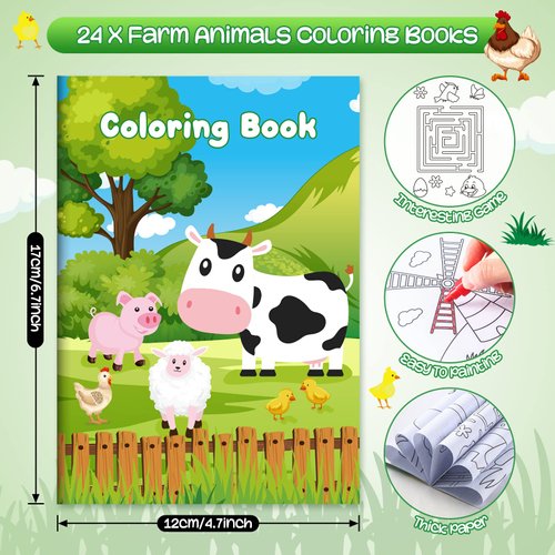 24 Farm Animals Coloring Books with 24 Stacking Crayons party favors for Kids cow horse Barn Party mini Drawing Book For Farm Birthday Party Goodie Bag Gift Stuffer School Classroom Activity Supplies