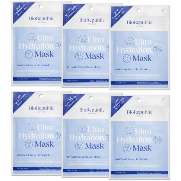 BioRepublic Ultra Hydration InvisaMask for face, with B5, Pentavitin, Dual Hyaluronic Acid | Brightens, & Tightens Pores | Sheet Mask Restores Plumpness | Pack of 6