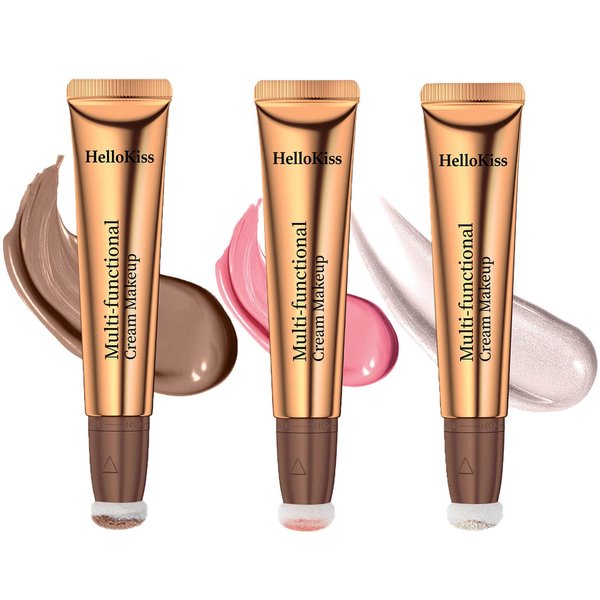 Paminify Contour Beauty Wand,Liquid Highlighter Makeup Wand, Face Blush with Cushion Applicator,Nourishing Bronzer Stick Illuminator,Cruelty-free,Medium Contour+Rosa Blush+Pearl White Highlight