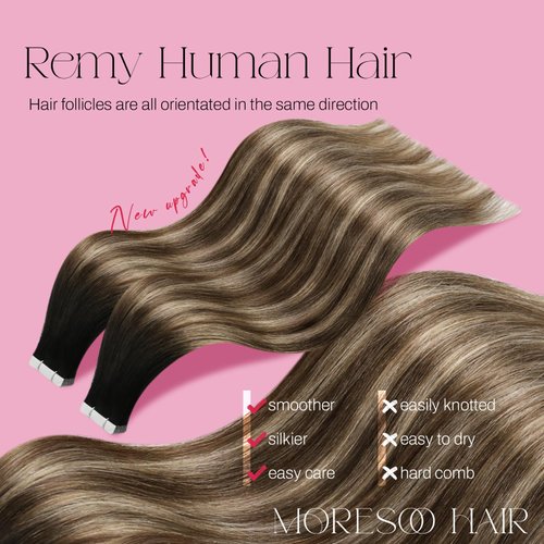 Moresoo Tape in Extensions Ombre Black Hair Extensions Tape in Balayage Off Black to Blonde Mix with Brown Tape in Human Hair Extensions Remy Hair Tape in Extensions 14 Inch #1B/4/14 20pcs 50g