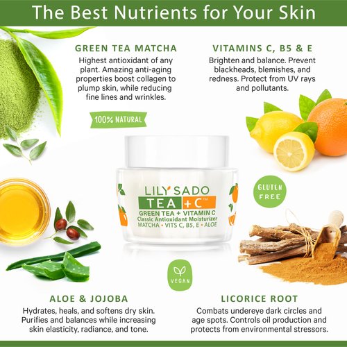 LILY SADO Tea+C Green Tea & Vitamin C Moisturizer - Antioxidant, Anti-Aging Anti-Wrinkle Daily Moisturizing Lotion - Hydrates, Softens, Firms & Tones for Healthy Radiant Skin. For Women & Men