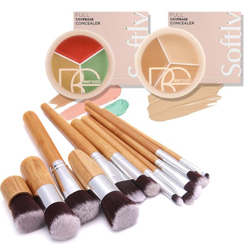 2 Pcs 3 Colors Cream Concealer Palette, FantasyDay Long Lasting Full Hydrating Coverage Conceals Corrects Foundation Camouflage Contour Kit for Correcting Dark Circles Acne Blemish + 11 Makeup Brush