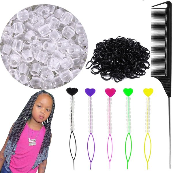 406pcs Hair Beads Set for Braids for Girls and Women Including 200pcs Clear Hair Beads for Braids for Kids,200pcs Elastic Rubber Bands,5pcs Quick Beader for Hair Braids and 1Pc Rat Tail Comb