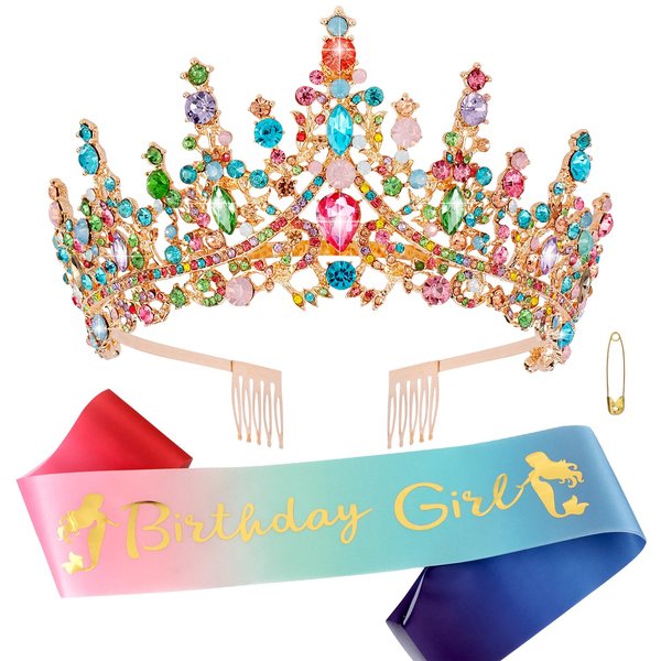 CHANACO Birthday Sash Tiaras for Girls Birthday Crowns for Women Birthday Girl Sash Birthday Tiara Gold Princess Crown Happy Birthday Decorations for Women Birthday Party Suppliers Gifts