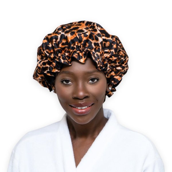 NOCHKA 100% Mulberry Silk Bonnet for Women Hair Care, Double Layered, Silk Hair Wrap for Sleeping with Elastic Stay On (1Pc, Leopard Print & Black)