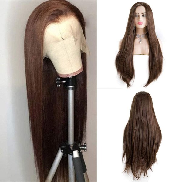 Kalisa Brown Lace Front Wigs Brown High Density Synthetic Wig Long Straight Brown Natural Color Glueless Wig Brown Wigs for Women Heat Resistant Fiber Soft Wigs for Daily Party 26Inch
