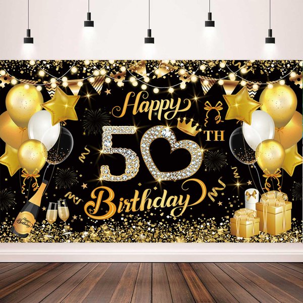 6x4FT 50th Happy Birthday Backdrop Happy Birthday Banner, Glitter Black Gold Birthday Backgrounds Banners Black Gold for Birthday Party Decoration Supplies(Birthday-50th)