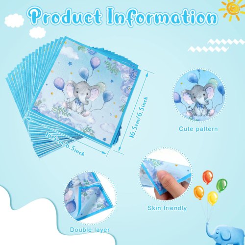 100 Packs Elephant Theme Baby Shower 2 Ply Paper Napkins Disposable Baby Blue Napkins Guest Dinner Hand Napkins for Baby Shower Kids Elephant Theme Birthday Party Supplies, 6.5 x 6.5 Inches