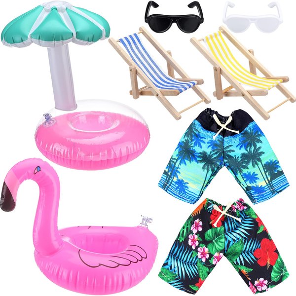 Vertintong 8 Pcs Christmas Elf Accessories Beach Elf Clothes Elf Doll Beach Prop Set Include Miniature Beach Chair Swim Ring Sunglasses for Christmas Elf Dollhouse Decoration