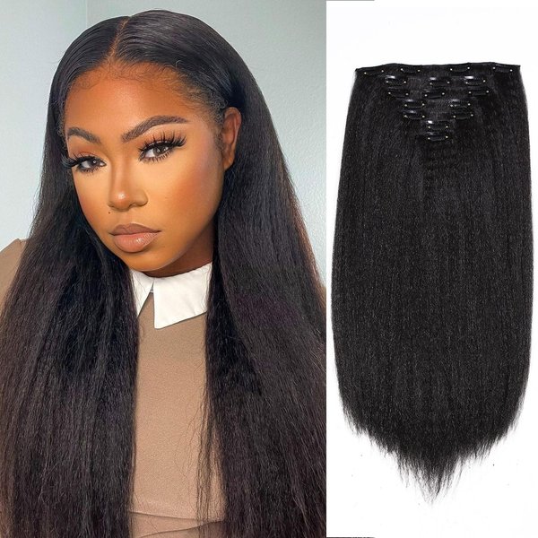 FANCEE Kinky Straight Clip in Hair Extensions for Black Women Full Head Yaki Straight Clip Ins Synthetic Hair Extensions (18 inch, Black)