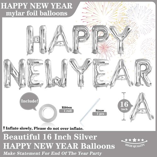 16 Inch Silver Happy New Year Letter Balloons, Big 2025 Happy New Year Letter Balloons Foil Silver Balloons for 2025 Happy New Year Eve Celebration Decorations Party New Years 2025 Balloons Silver