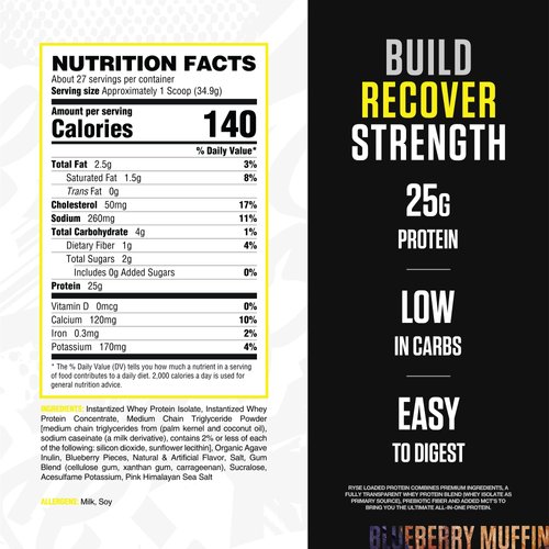 RYSE Loaded Protein Powder - Blueberry Muffin - 25g Whey Protein Isolate & Concentrate with Prebiotic Fiber & MCTs - Low Carb, Low Sugar, Digestive-Friendly - 27 Servings / 2 lb Tub