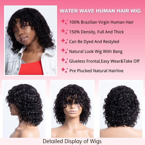 Mjiokii Bob Wigs Human Hair 180% Density Glueless Water Wave Short Bob Wig Human Hair None Lace Front Wigs With Bangs Machine Made Bob Wigs Human Hair 12 inch Black Wig