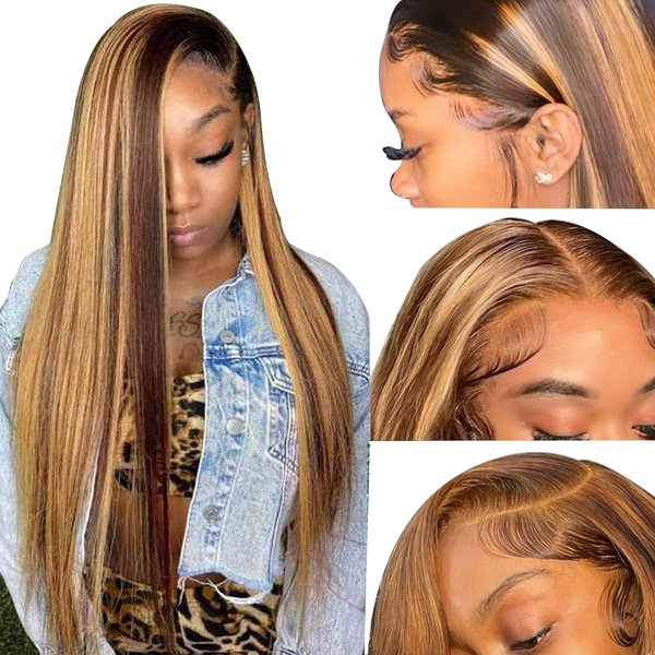 TDGBLS Ombre Highlight 13X6 Tansparent Lace front Wig Human Hair HD Lace frontal Wigs Pre Plucked with Baby Hair 180% Density Glueless Wigs for Black Women (Highlight straight wig, 30inch)