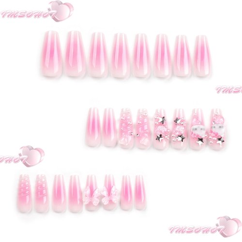 IMSOHOT Coffin Press on Nails Long Pink Fake Nails Cute Pearl Bow Acrylic False Nail with Designs Full Cover Glossy Gel Reusable Glue on Nails Y2K Ballerina Nails for Women and Girls 24PCS