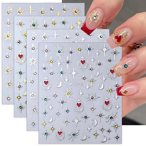 Shiny Moon Star Nail Stickers for Nail Art 3D Glitter Crystal Nail Decals Gold Silver Nail Art Stickers Self-Adhesive Luxury Rhinestones Stars Charms Nail Design Stickers for DIY Nail Supplies Women