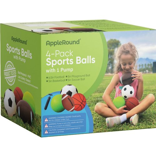 AppleRound Pack of 4 Sports Balls with 1 Pump for Toddlers and Kids: 1 Each of 5-Inch Soccer Ball, 5-Inch Basketball, 5-Inch Playground Ball, and 6.5-Inch Football