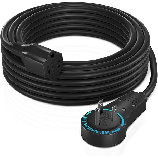 Maximm Cable 25 Feet 360° Rotating Flat Plug Extension Cord/Wire, 3 Prong Grounded Wire 16 Awg Power Cord - Black UL Certified
