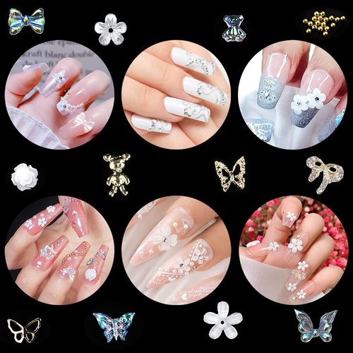 3D Flowers Nail Art Charms Rhinestones Kit - Includes 12Grid 400Pcs Acrylic Flower 1500Pcs AB Nail Rhinestones 200Pcs Acrylic Butterfly Bow Flower Bear Nail Art Charms for Nail Art Craft Decoration