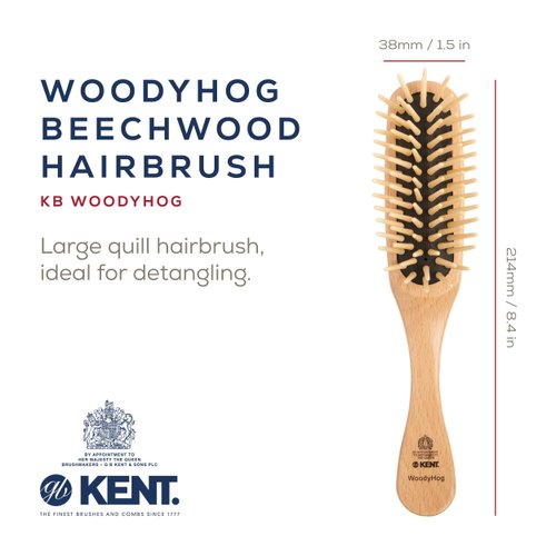 Kent KB Woodyhog Travel Size Detangling Brush Beech-wood Travel Brush, Firm Rounded Wooden Bristles, Natural Cushion Detangler Wooden Hair Brush for Women Men and Kids Everyday Care, Made in England